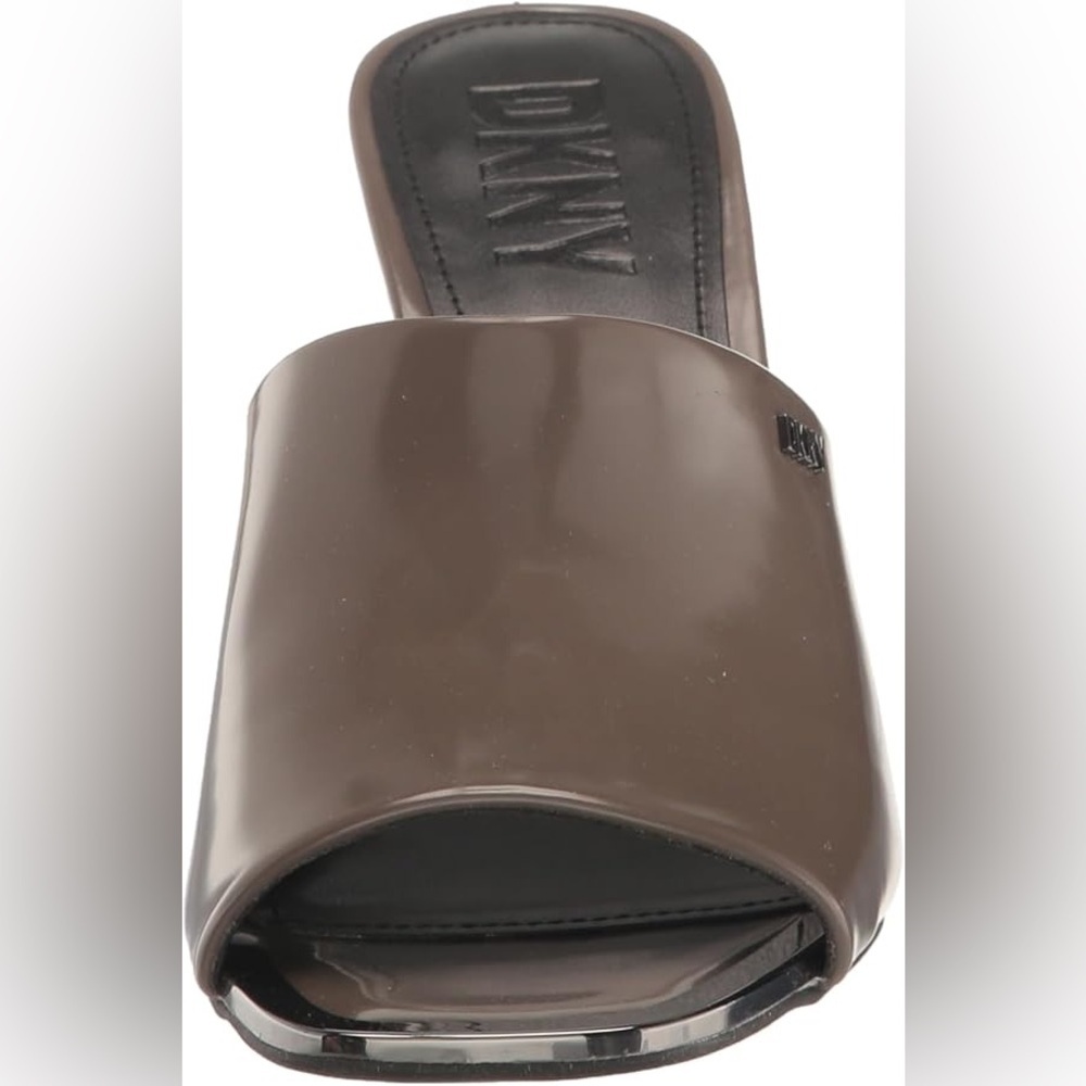 DKNY Taupe Patent Leather Square Toe Stiletto Mules Metallic Detail High Heels - Picture 4 of 14